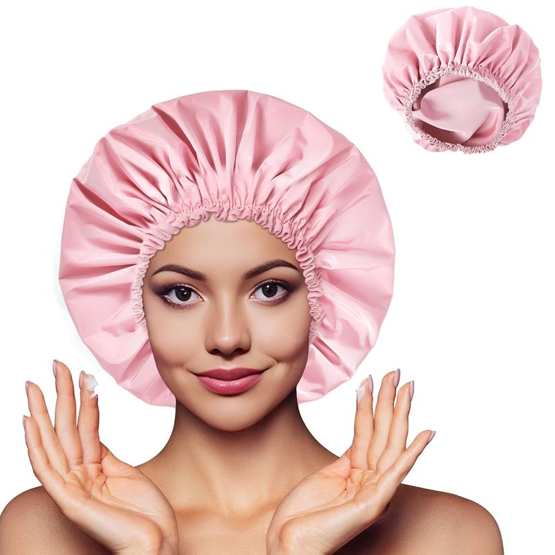 CHFONG Shower Cap for Women, Double Layer Waterproof Bath Cap, Reusable Hair Protector, Large Waterproof Shower Bonnet Washable Elastic Band Bath Hair Hat for Long Hair, Braids， - Pink - Image 2